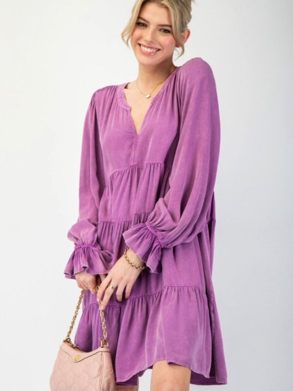 Easel - Mineral Washed Rayon Challis Tiered Dress - Aurora - L - NWT